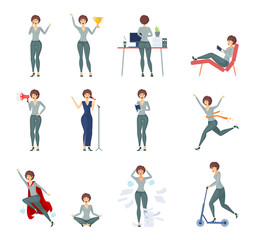 Fototapeta na wymiar Businesswoman character design in business clothes set. Girl works in the office, practices yoga, imagines herself a superhero, stresses, studies. Concept partnership, success, deadline vector