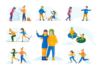 Fototapeta na wymiar Vacation winter time young couple. couple in winter clothes have romantic winter vacation time. Young people skating, they sculpt snowman, ski, play snowballs, take selfie together. Winter time vector