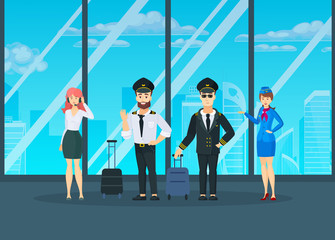 Civil commercial aircrew. Airplane flight crew in uniform standing in front with luggage of terminal window, people pilots, stewardesses, ground service workers. Team of professional pilots vector