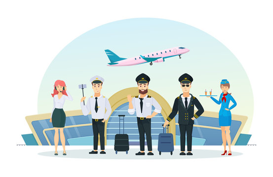 Civil commercial aircrew. Airplane flight crew in uniform, group people pilots, stewardesses, ground service workers on background airport building. Team of professional pilots cartoon vector