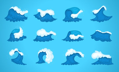 Sea wave cartoon set. Blue water ocean waves, marine surf wave, ripples tides sea storm, tidal different shapes, splash water motion with spray isolated vector cartoon illustration