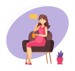 Pregnant woman relaxation. Pregnant lady is sitting in an armchair, talking with her friend, resting cartoon vector illustration