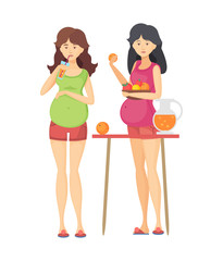 Two pregnant woman drinks juice in glass and eat oranges. Concept of motherhood, healthy eating and healthy life cartoon vector