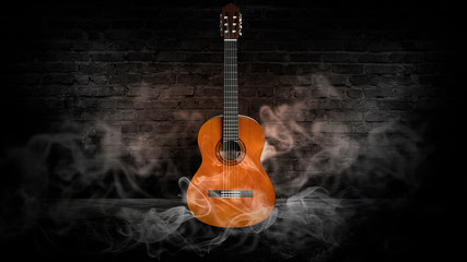 Guitar in a dark room with brick walls, wooden floor. Smoke, abstract light. Dark empty scene with...