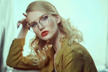glamorous blonde with red lipstick