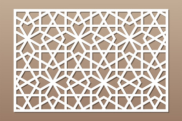 Decorative card for cutting. Geometric arabic mosaic pattern. Laser cut. Ratio 2:3. Vector illustration.