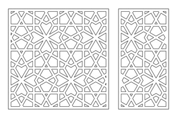 Set decorative card for cutting. Geometric arabic mosaic pattern. Laser cut. Ratio 1:1, 1:2. Vector illustration.