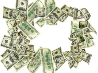 Money stack. Hundred dollars of America. Falling money isolated, us bill.