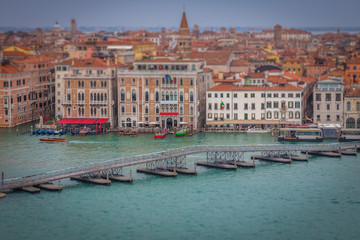 Tilt shift effect of boat deck set up at Salute on the occasion of the marathon, Venice, Italy