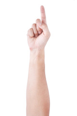 Male Asian hand gestures isolated over the white background. Pointing Visual Touch Action.