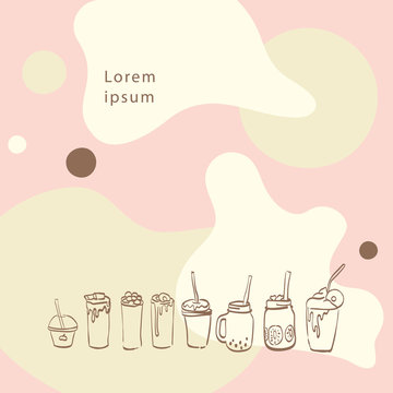 illustration of a glass of drinks. copy space with coffee shop and cafe decoration. minimal curve pastel colour backgrounds.