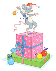 A funny rat in a red Santa hat is dancing on colorful gift boxes. In cartoon style. Isolated on  white background. Vector illustration.