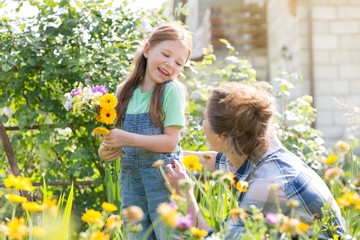 Mother and daughter picking pretty colourful flowers in their organic garden