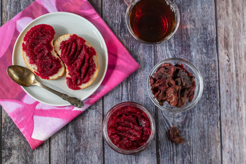 Sandwiches with natural, homemade beetroot jam, vanilla and sugar. Beetroot Chips. Healthy food, vegetarianism.