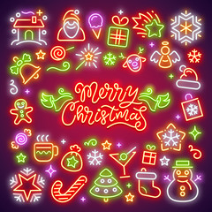 Merry Christmas glowing neon icons set. Greeting card. Vector poster design elements for your holiday projects.