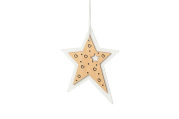 Wooden star isolated on white background. Christmas tree decoration