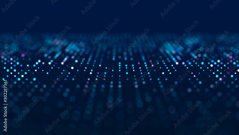 Poster Wave of musical sounds. Abstract background with interweaving of dots and lines. 3D rendering.