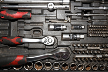 a set of old working tools in a workshop, the work of a mechanic