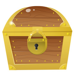 Color image of cartoon treasure chest on a white background. Closed coffer with lock . Decorative element for pirate party for kids. Vector illustration.