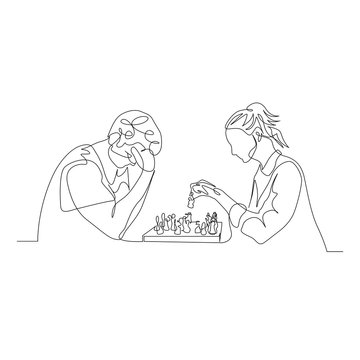 recommend clip art: Continuous one line man and woman play chess. Man thinks, woman makes a move. Vector