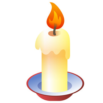 Color image of cartoon candle on a white background. Burning candle. Vector illustration.