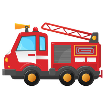 Color image of fire truck on a white background. Cartoon fire engine. Vector illustration of vehicle, transport for kids.