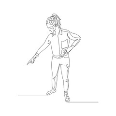 Continuous one line woman points the direction with her forefinger down. Vector