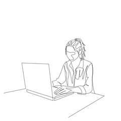 Fototapeta na wymiar Continuous one line woman work with help laptop at the table. Vector