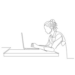 Continuous one line woman work with help laptop at the table. Side view. Vector