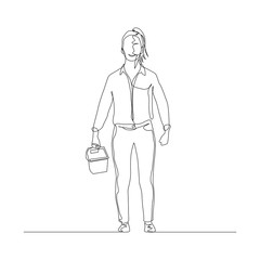 Continuous one linne woman with tool box in hand. Vector