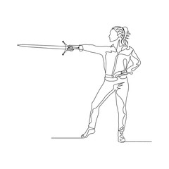 Continuous one line woman points forward with a sword. Vector