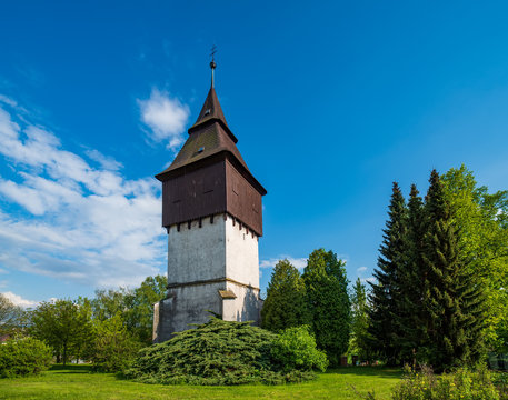 Gothic Bell Tower of Church of the Holy Spirit in Krcin - district of Nove Mesto nad Metuji town, Czech Republic