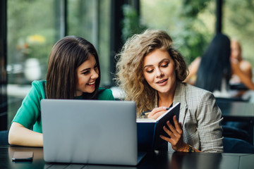 Two young business women having lunch break together in a coffee shop terrace, using laptop.