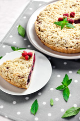 Homemade berry shortcrust pie with crumble on plate and grey dotted cloth