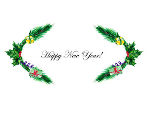 Christmas frame with green fir branches, gifts and Holly on white background with space for text. Watercolor illustration for postcards, invitations or holiday posters.