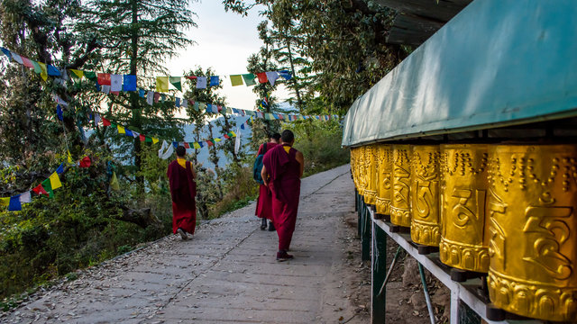 Tibetan Monks walking among praying wheels, Dharamsala, India