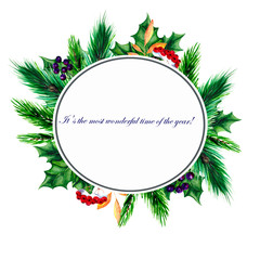 Christmas card design with fir branches, Holly and berries on white background with space for greeting text.