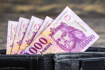 Hungarian banknotes in one wallet, 10,000 forints denominations. Europe Hungary.