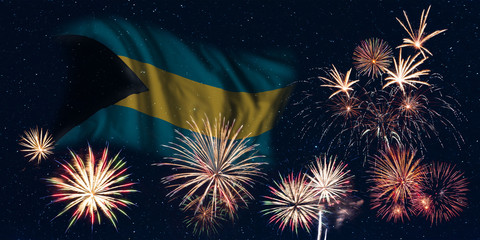 Fireworks and flag of Bahamas