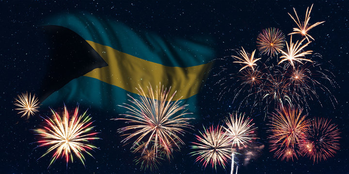 Fireworks and flag of Bahamas