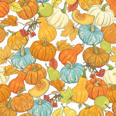 Seamless pattern with colorful pumpkins, autumn leaves, apples, pears and mountain ash