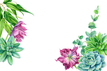 Naklejka premium greeting card with space for text, bouquet of flowers, invitation, succulent, eucalyptus, hellebore on an isolated white background, watercolor illustration