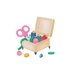 Obraz premium Cartoon watercolor illustration. Box with tools, scissors, buttons, coils of thread and needles, tape. Bright colors, green, yellow, pink. Logo for sewing needlework