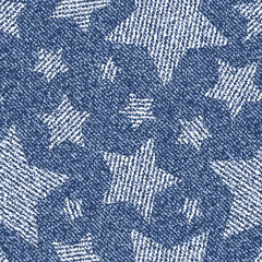 Cotton fabric Jeans background with stars. Vector Denim seamless pattern. Blue jeans fabric