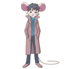 Cute cartoon mouse guy with black curly hair wearing coat and scarf and keep hands in pockets. Isolated object on white background. Decor element for kids products (room, clothes, stationery).