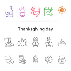 Thanksgiving day line icon set with pumpkin pie and turkey cock © RedlineVector