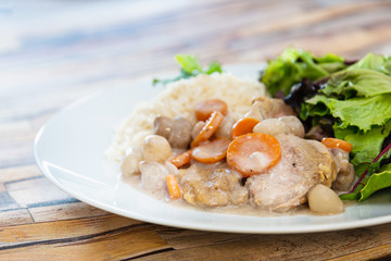 Cooked White Veal Stew and rice - obrazy, fototapety, plakaty