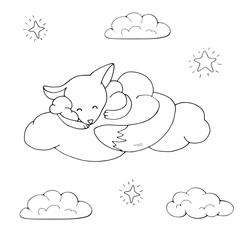 Sleeping cute cartoon fox hugging a cloud. Isolated objects on white background. White and black vector illustration for coloring book.