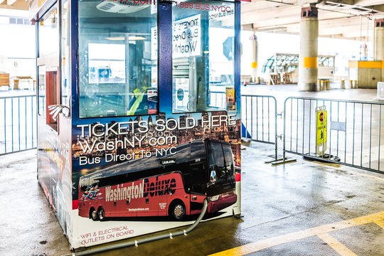 Washington DC, USA - July 1, 2017: Inside Union Station Parking Garage For Buses In Capital City With Empty Ticket Booth