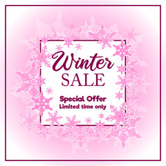 Fototapeta na wymiar Winter sale promotion vector design. Square format. Pink to white background, with a square in the center and pink snowflakes around the square with sale text inside the square. Feminine influenced.